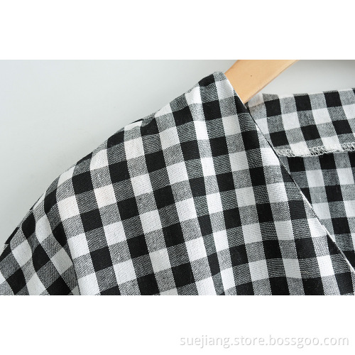 Women New Black White Plaid Lace-up Dress